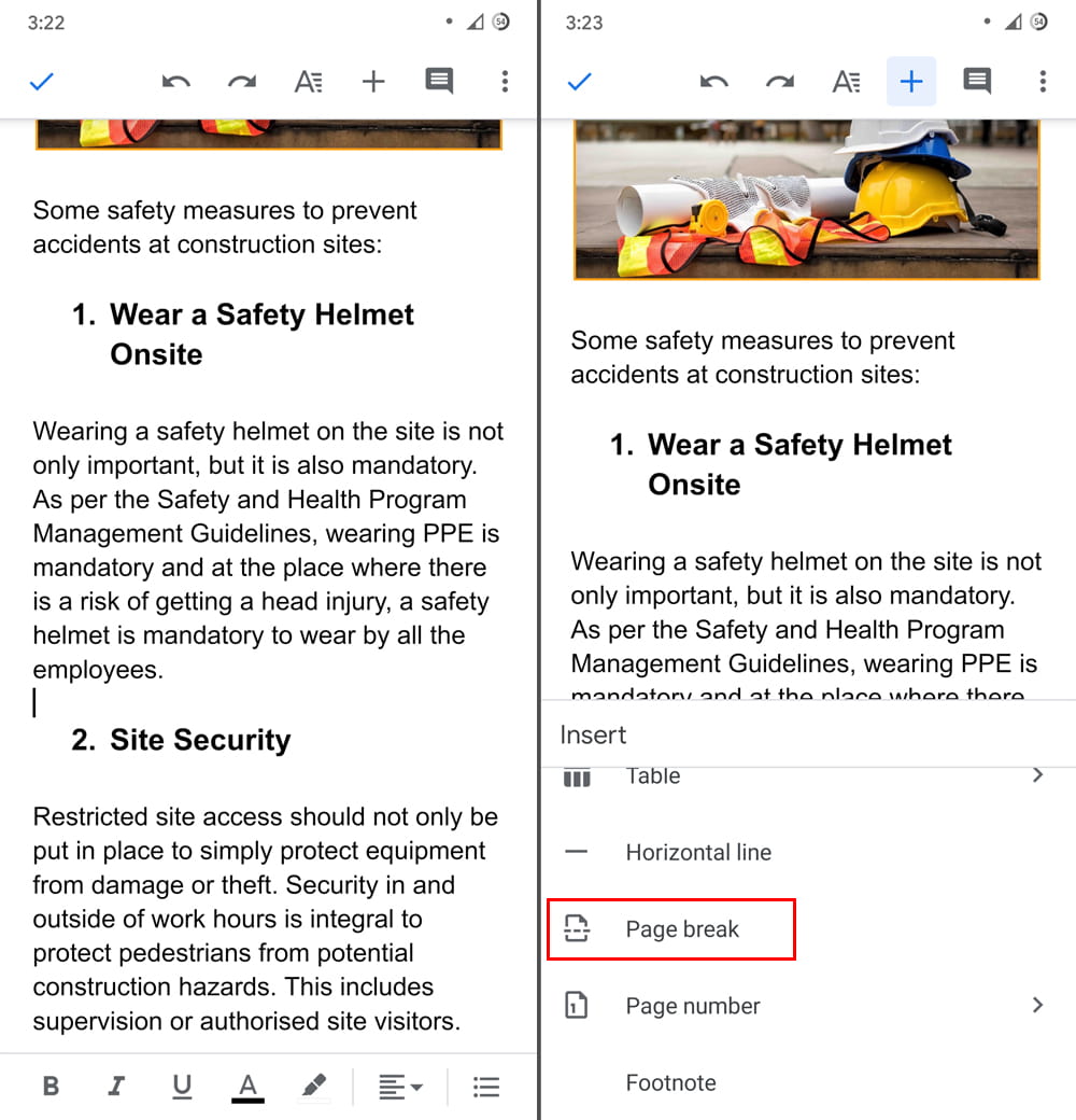 How to add a page in Google Docs on your Phone